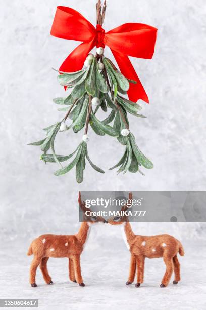 christmas reindeers kissing underneath mistletoe on gray background. christmas and new year concept. - mistel stock-fotos und bilder