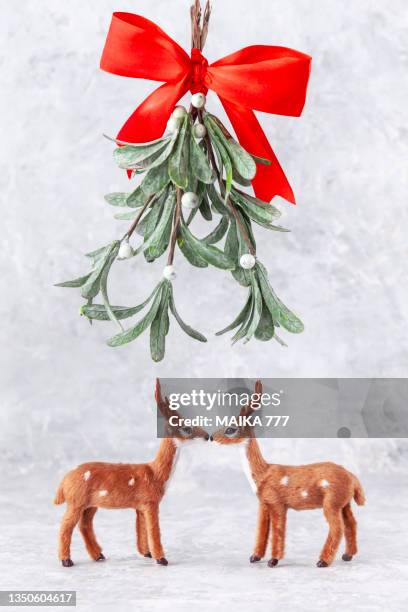 christmas reindeers kissing underneath mistletoe on gray background. christmas and new year concept. - mistletoe kiss stockfoto's en -beelden