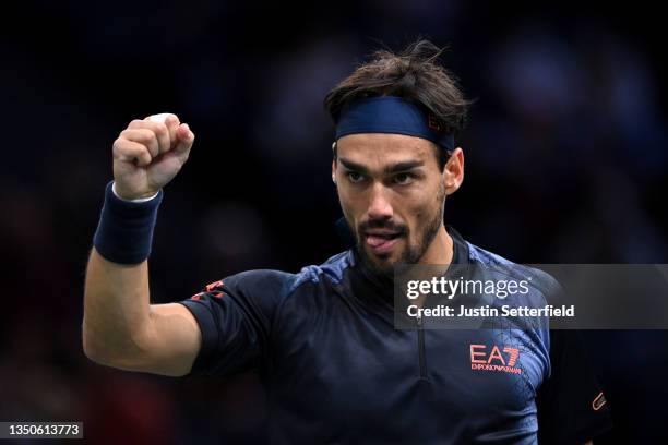 Fabio Fognini of Italy celebrates after winning the 2nd set during Day One of the Rolex Paris Masters at AccorHotels Arena on November 01, 2021 in...