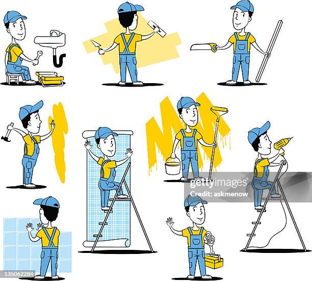 ilustraciones, imágenes clip art, dibujos animados e iconos de stock de trabajadores de la construcción - plumber