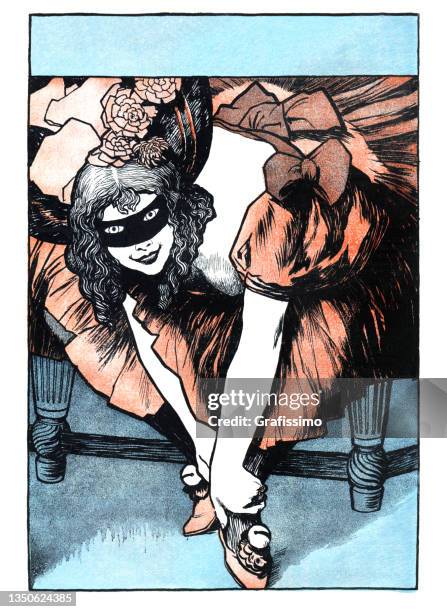 young woman preparing for dancing ballet in ballroom art nouveau 1897 - lithograph stock illustrations