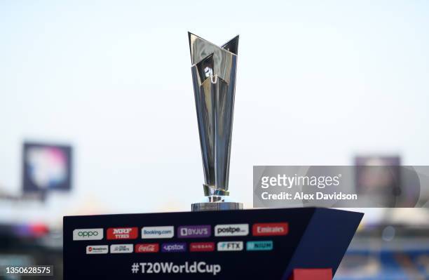 Detailed view of the ICC Men's T20 World Cup Trophy during the ICC Men's T20 World Cup match between England and Sri Lanka at Sharjah Cricket Stadium...