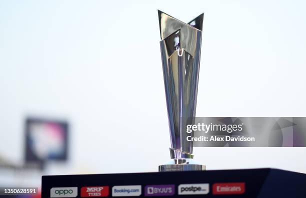 Detailed view of the ICC Men's T20 World Cup Trophy during the ICC Men's T20 World Cup match between England and Sri Lanka at Sharjah Cricket Stadium...