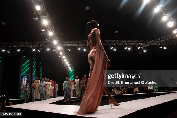 Model walks the runway for Ejiro Amos Tafiri, during Lagos Fashion Week 2021 on October 30, 2021 in Lagos, Nigeria.