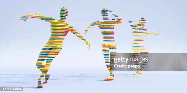 abstract figures made from multi-coloured shiny slices in a dynamic motion sequence - tiered stock pictures, royalty-free photos & images