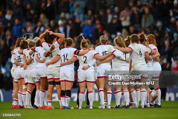 The England players huddle following the Autumn International match between England Red Roses and New Zealand Women at Sandy Park on October 31, 2021...