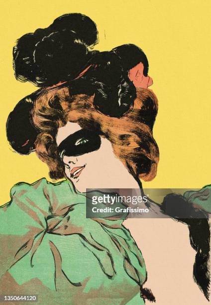 illustrazioni stock, clip art, cartoni animati e icone di tendenza di donna che balla in sala da ballo con maschera art nouveau 1897 - stile liberty