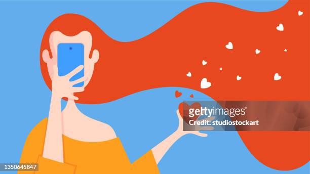 stockillustraties, clipart, cartoons en iconen met woman using mobile phone with heart shapes - dating