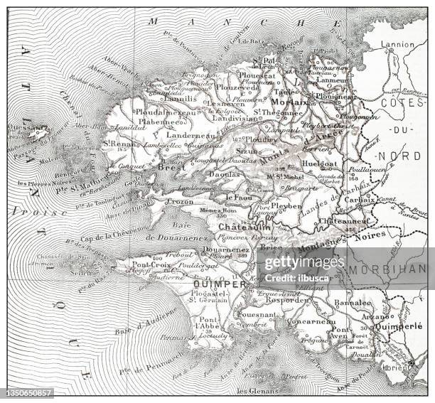 antike französische landkarte von finistère (département) - finistère stock-grafiken, -clipart, -cartoons und -symbole