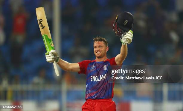 Jos Buttler of England celebrates their century during the ICC Men's T20 World Cup match between England and Sri Lanka at Sharjah Cricket Stadium on...