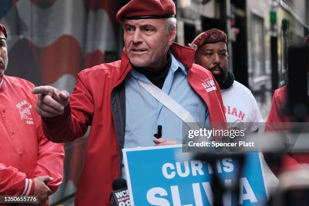 New York City mayoral candidate Curtis Sliwa speaks to the media in front of an FDNY firehouse on November 01, 2021 in New York City. Sliwa, who is...