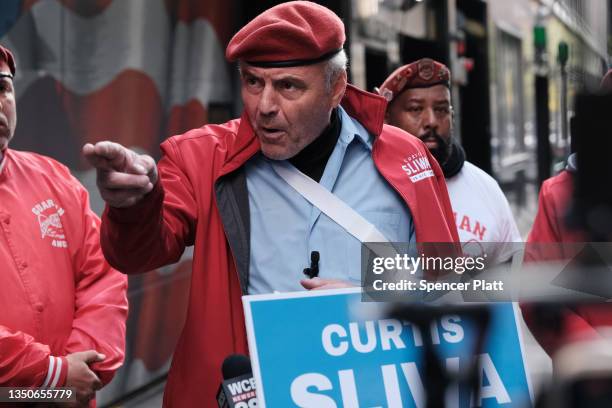 New York City mayoral candidate Curtis Sliwa speaks to the media in front of an FDNY firehouse on November 01, 2021 in New York City. Sliwa, who is...