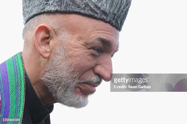 Afghan President Hamid Karzai arrives at Bellevue Palace to meet with German President Christian Wulff on December 6, 2011 in Berlin, Germany. Karzai...