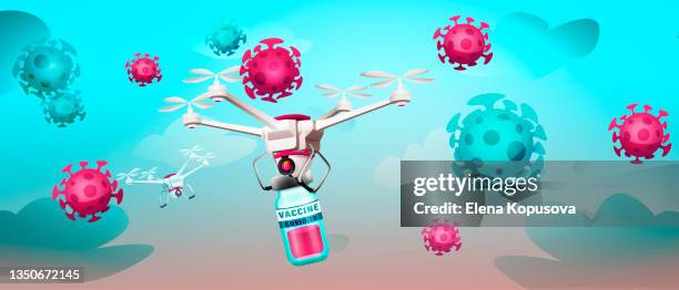 covid-19 coronavirus vaccine. creative poster or flyer. coronaviruses with quadcopters and vaccines on the background of the sky with clouds. - surgical glove balloon stock illustrations