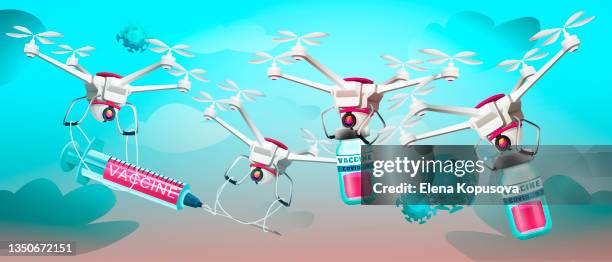 covid-19 coronavirus vaccine. creative poster or flyer. coronaviruses with quadcopters and vaccines on the background of the sky with clouds. - surgical glove balloon stock illustrations