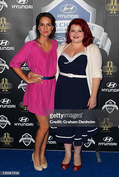 Melissa Bergland and Michala Banas arrive at the after party following LA Galaxy's match against Melbourne Victory at Club 23 on December 6, 2011 in...