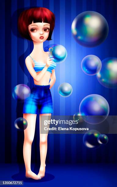 a young girl in the style of a cartoon with soap bubbles in the interior. creative poster or flyer. - woman blowing soap bubbles stock illustrations