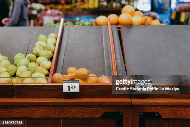 empty fresh fruit aisle at grocery store - sold out stock pictures, royalty-free photos & images