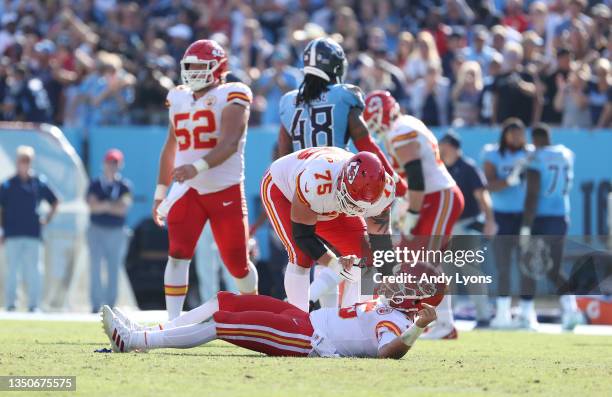 Patrick Mahomes of the Kansas City Chiefs after being hurt against the Tennessee Titans at Nissan Stadium on October 24, 2021 in Nashville, Tennessee.