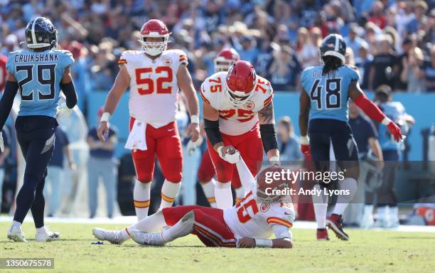 Patrick Mahomes of the Kansas City Chiefs after being hurt against the Tennessee Titans at Nissan Stadium on October 24, 2021 in Nashville, Tennessee.