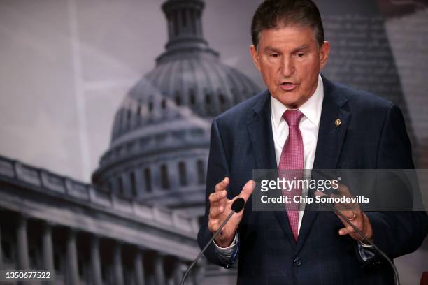 Sen. Joe Manchin talks to reporters at the U.S. Capitol on November 01, 2021 in Washington, DC. Manchin announced that he would not support the...