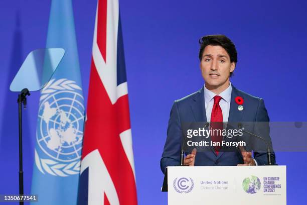 Canadian Prime Minister Justin Trudeau speaks as National Statements are delivered on day two of the COP 26 United Nations Climate Change Conference...
