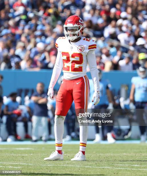 Juan Thornhill of the Kansas City Chiefs against the Tennessee Titans at Nissan Stadium on October 24, 2021 in Nashville, Tennessee.