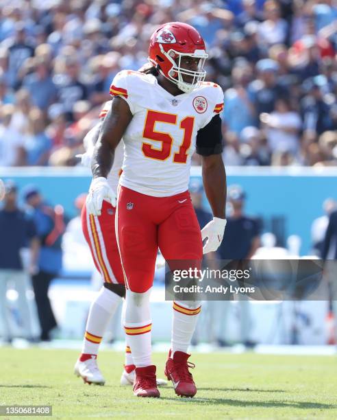 Mike Danna the Kansas City Chiefs against the Tennessee Titans at Nissan Stadium on October 24, 2021 in Nashville, Tennessee.