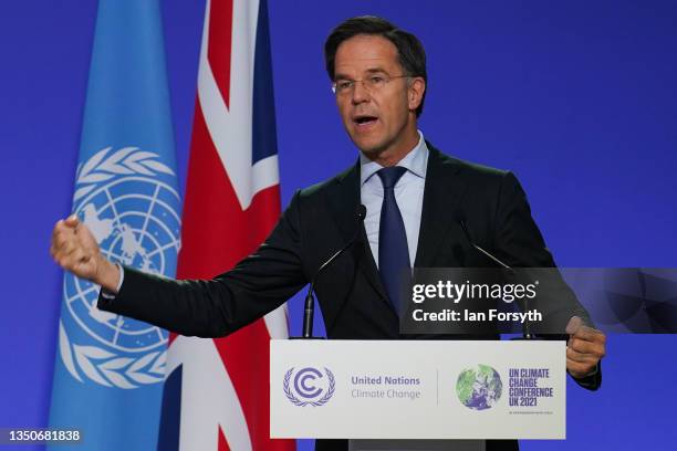 Mark Rutte, Prime Minister of the Netherlands speaks as National Statements are delivered on day two of the COP 26 United Nations Climate Change...
