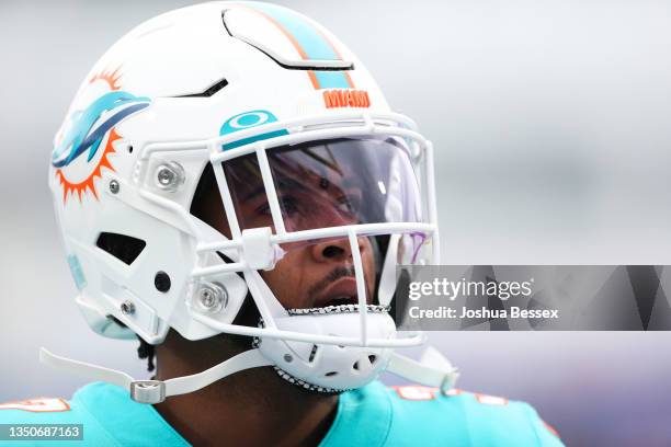 Myles Gaskin of the Miami Dolphins looks on before the game against the Buffalo Bills at Highmark Stadium on October 31, 2021 in Orchard Park, New...