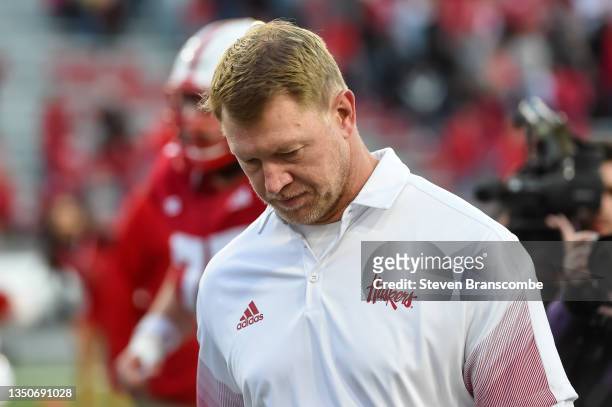 Head coach Scott Frost of the Nebraska Cornhuskers walks off the field after the game against the Purdue Boilermakers at Memorial Stadium on October...