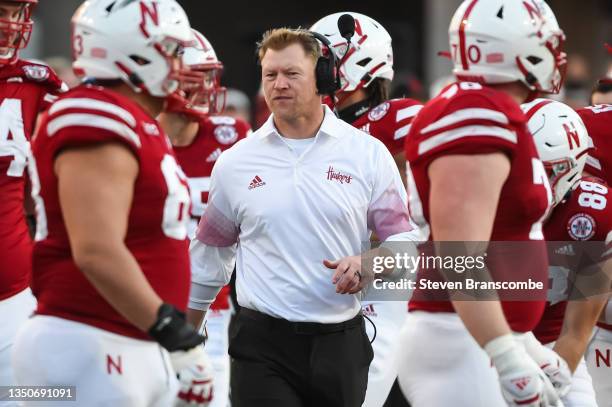 Head coach Scott Frost of the Nebraska Cornhuskers walks the sidelines against the Purdue Boilermakers in the second half at Memorial Stadium on...