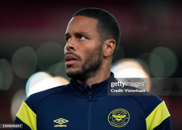 Mathias Jorgensen of Brentford warms up before the Carabao Cup Round of 16 match between Stoke City and Brentford at Bet365 Stadium on October 26,...