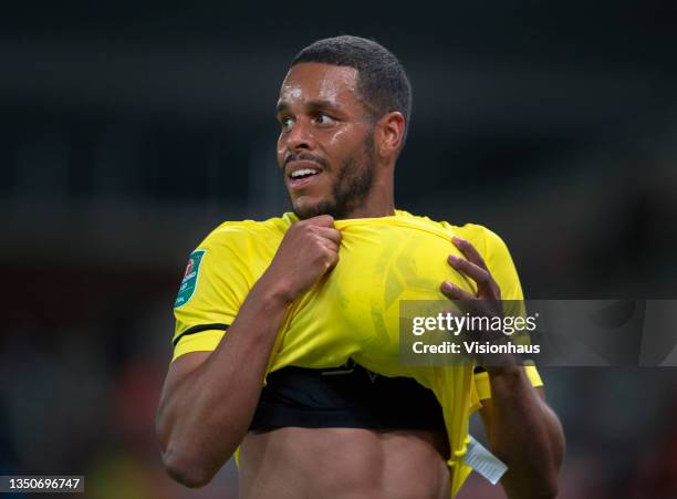 Mathias Jorgensen of Brentford prepares to take a throw in during the Carabao Cup Round of 16 match between Stoke City and Brentford at Bet365...