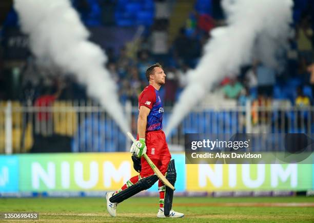 Jos Buttler of England walks off 101 not out during the ICC Men's T20 World Cup match between England and Sri Lanka at Sharjah Cricket Stadium on...