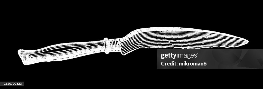 Old engraved illustration of objects from the Bronze Age find of in the Zurich Lake after architectural finds in the mid-19th century (pile dwellings) - knife