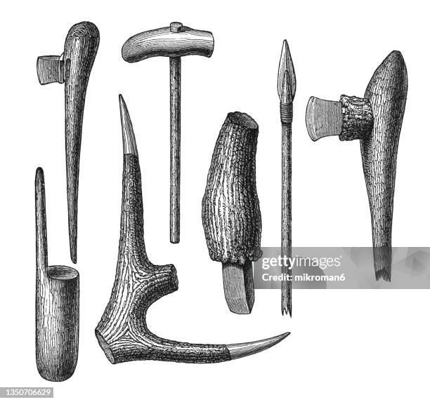 old engraved illustration of objects from the bronze age find of in the zurich lake after architectural finds in the mid-19th century (pile dwellings) - farm tools - archaeology tools stock pictures, royalty-free photos & images