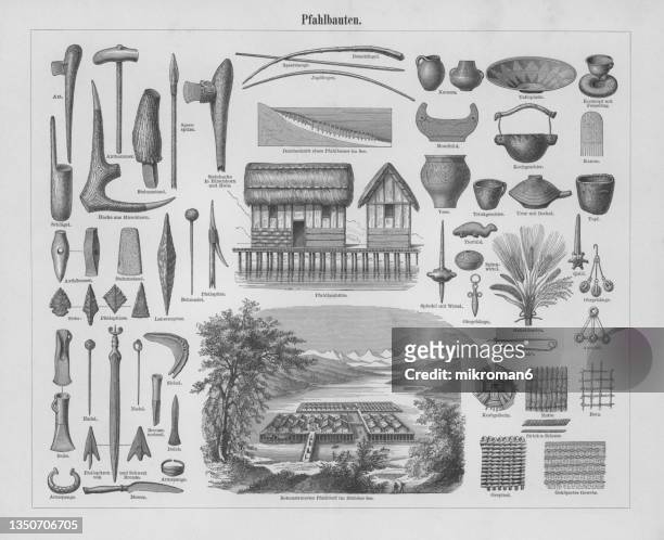 old engraved illustration of objects from the bronze age find of in the zurich lake after architectural finds in the mid-19th century (pile dwellings) - archaeology pottery stock pictures, royalty-free photos & images