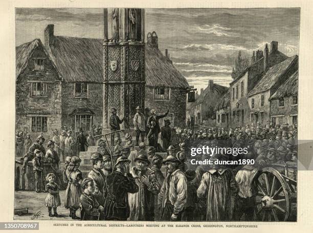 agricultural labourers meeting at the eleanor cross, geddington, northamptonshire, england, 1870s, 19th century - eleanor stock illustrations