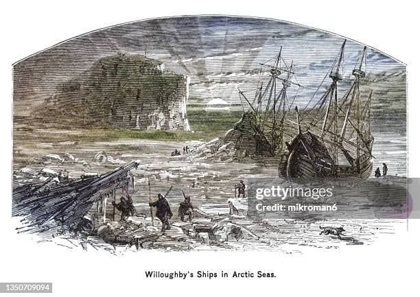 old engraved illustration of hugh willoughby's ships in arctic seas - novaya stock pictures, royalty-free photos & images