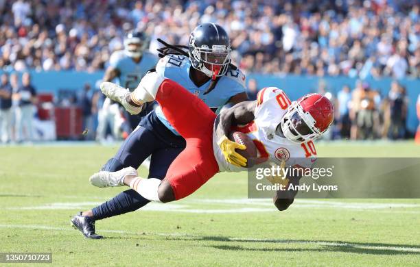 Tyreek Hill of the Kansas City Chiefs against the Tennessee Titans at Nissan Stadium on October 24, 2021 in Nashville, Tennessee.