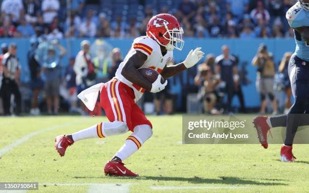 Mecole Hardman of the Kansas City Chiefs against the Tennessee Titans at Nissan Stadium on October 24, 2021 in Nashville, Tennessee.