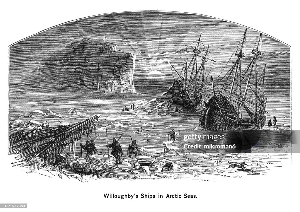 Old engraved illustration of Hugh Willoughby's Ships in Arctic Seas