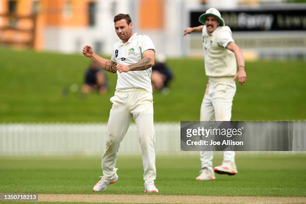 Doug Bracewell of the Central Stags celebrates the LBW dismissal of Mitch Renwick during the Plunket Shield match between Otago Volts and Central...