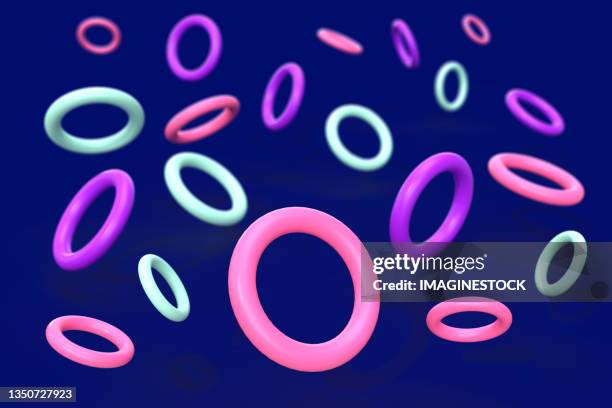 3d rendering of levitating hoops in different colours - helium stock pictures, royalty-free photos & images