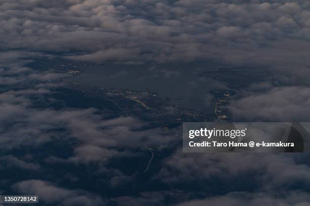 lake biwa in shiga of japan aerial view from airplane - omi stock pictures, royalty-free photos & images