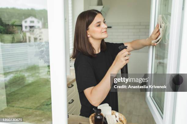 scrubwoman cleaning a window using eco-friendly cleaning products. - reinier stockfoto's en -beelden
