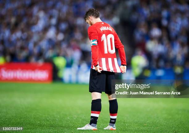 Iker Muniain of Athletic Club celebrates after scoring goal during the La Liga Santander match between Real Sociedad and Athletic Club at Reale Arena...