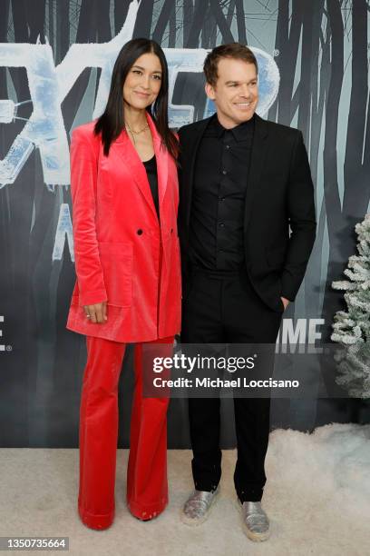 Julia Jones and Michael C. Hall attend the world premiere of "Dexter: New Blood" Series at Alice Tully Hall, Lincoln Center on November 01, 2021 in...