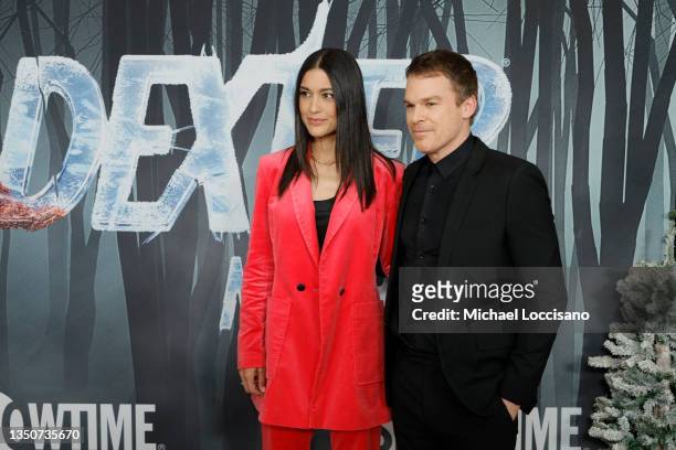 Julia Jones and Michael C. Hall attend the world premiere of "Dexter: New Blood" Series at Alice Tully Hall, Lincoln Center on November 01, 2021 in...